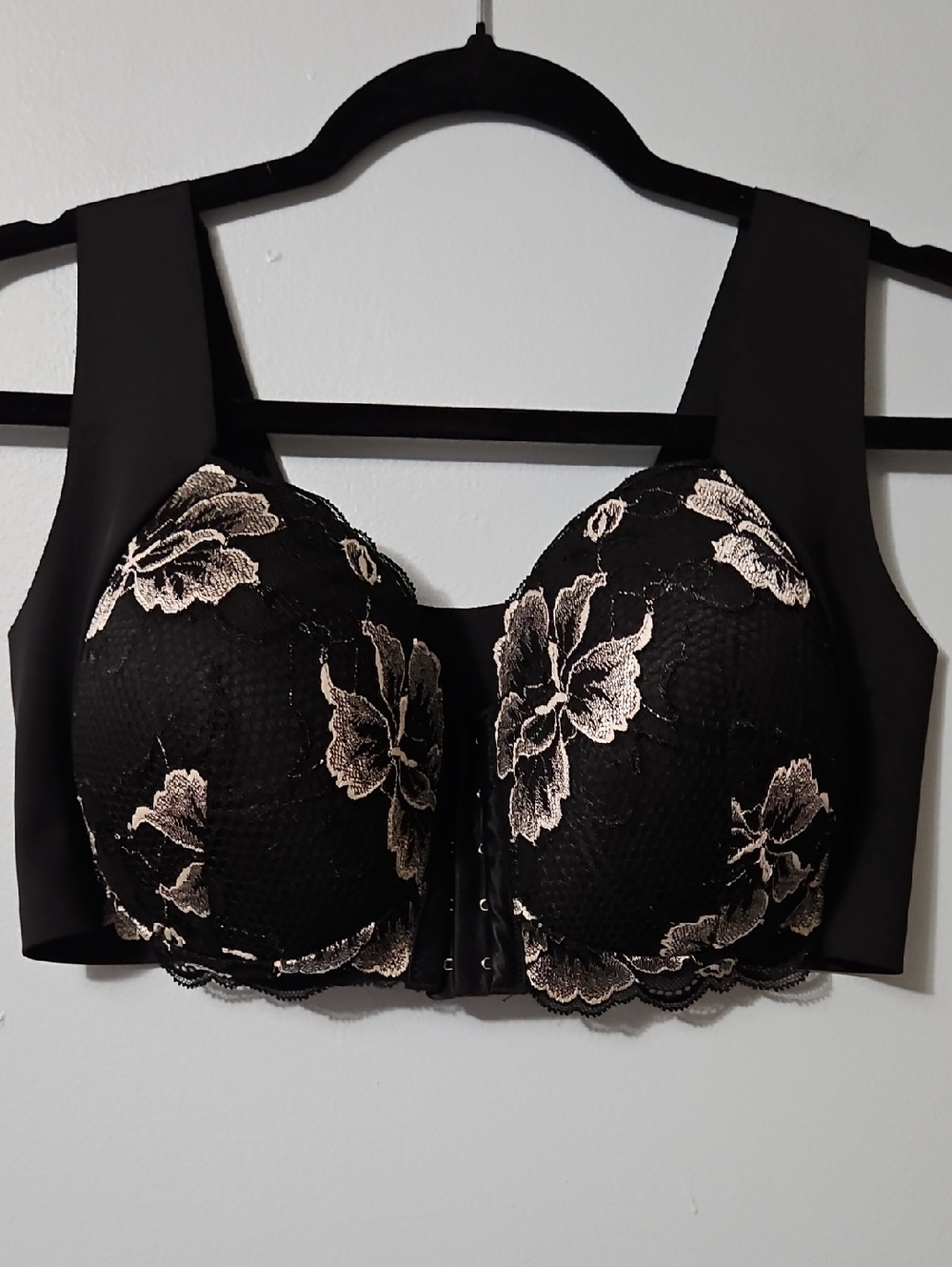 Black Bra with Nude Floral Lace Embroidery Front Closure Boost Size 1XL